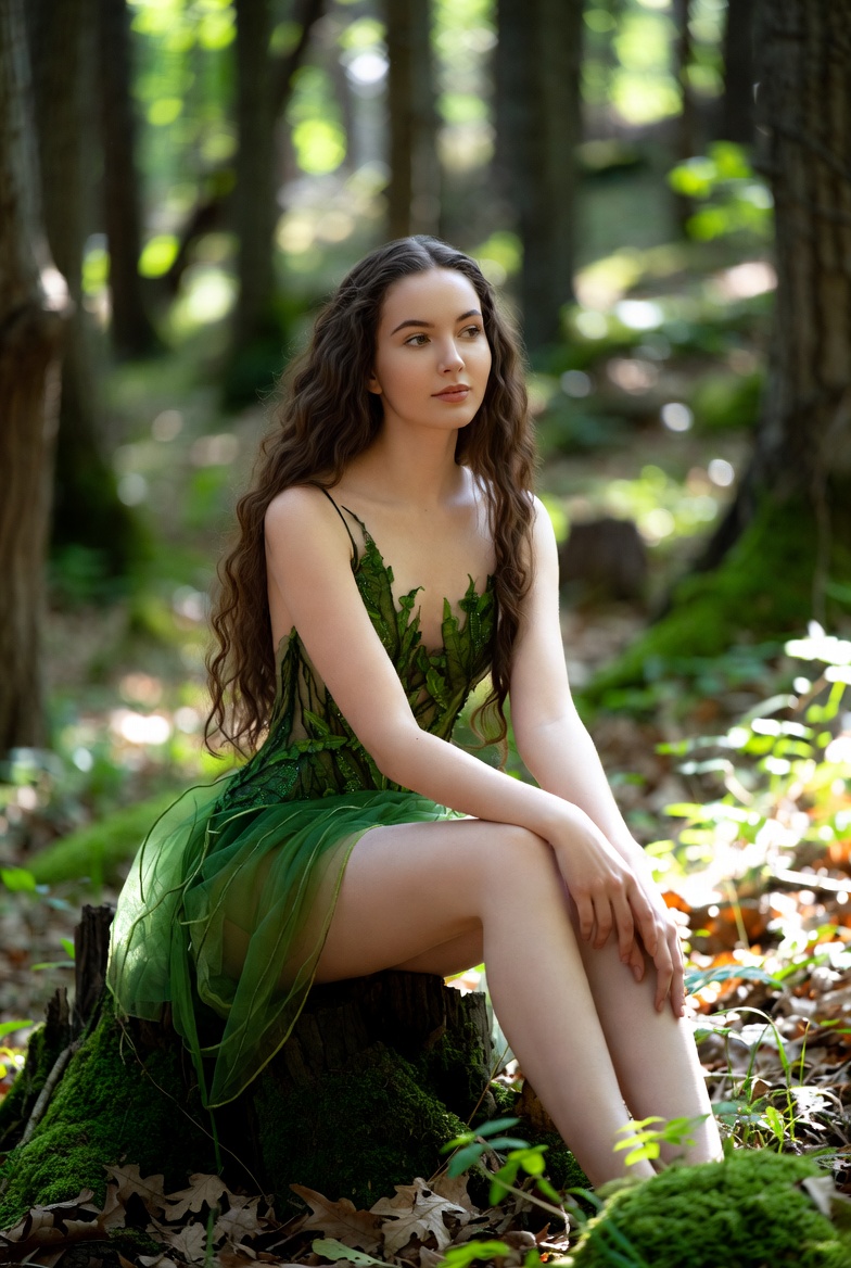 Woman in green dress sits on a tree stump Woman in green dress sits on a tree stump
