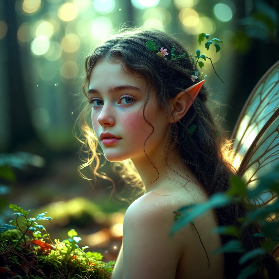 Enchanted forest scene with a magical fairy girl Enchanted forest scene with a magical fairy girl