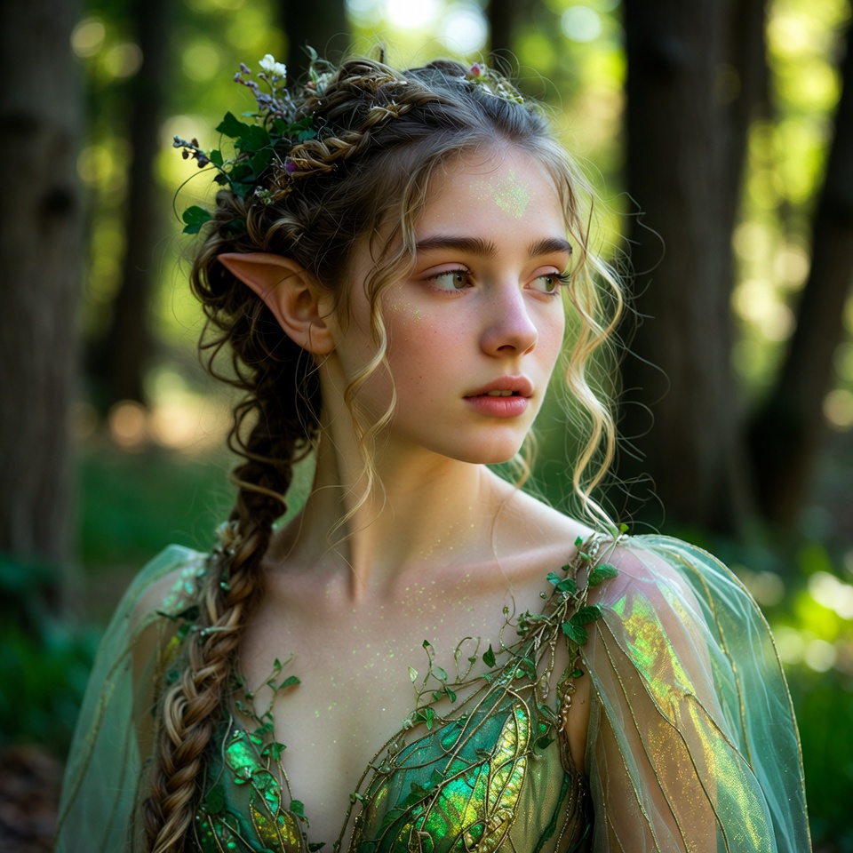 Enchanting elf in a forest during golden hour Enchanting elf in a forest during golden hour