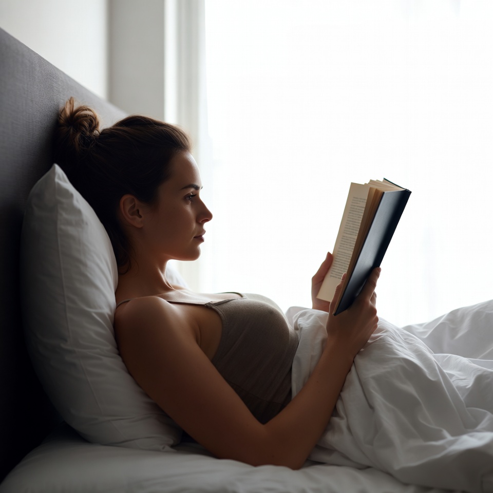 Reading a book in bed during a quiet morning Reading a book in bed during a quiet morning