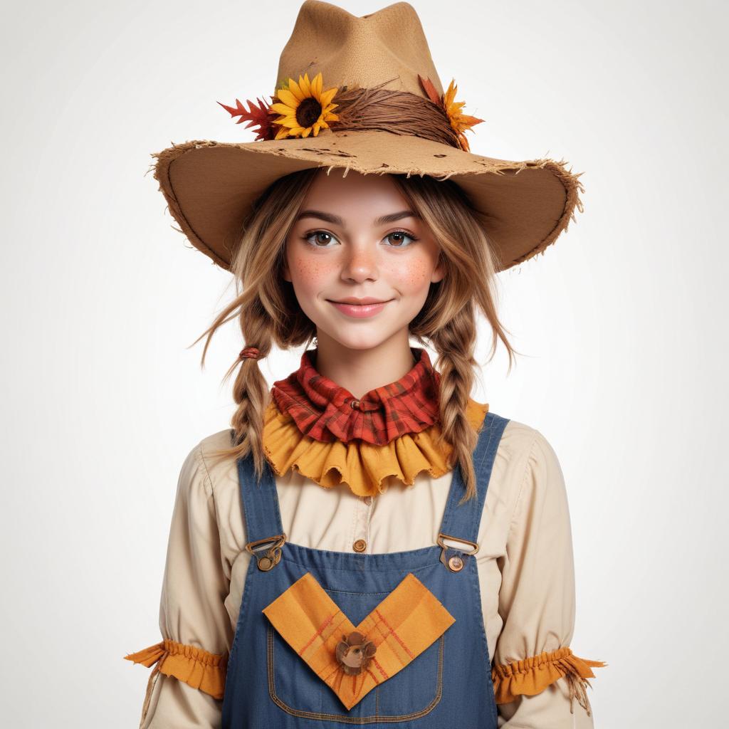 Scarecrow girl in a colorful outfit with sunflowers