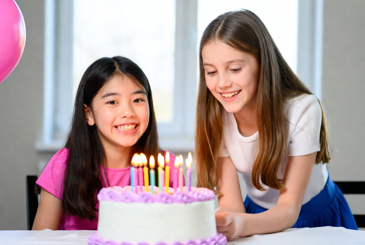 Girls celebrating a birthday with a cake and candles Girls celebrating a birthday with a cake and candles