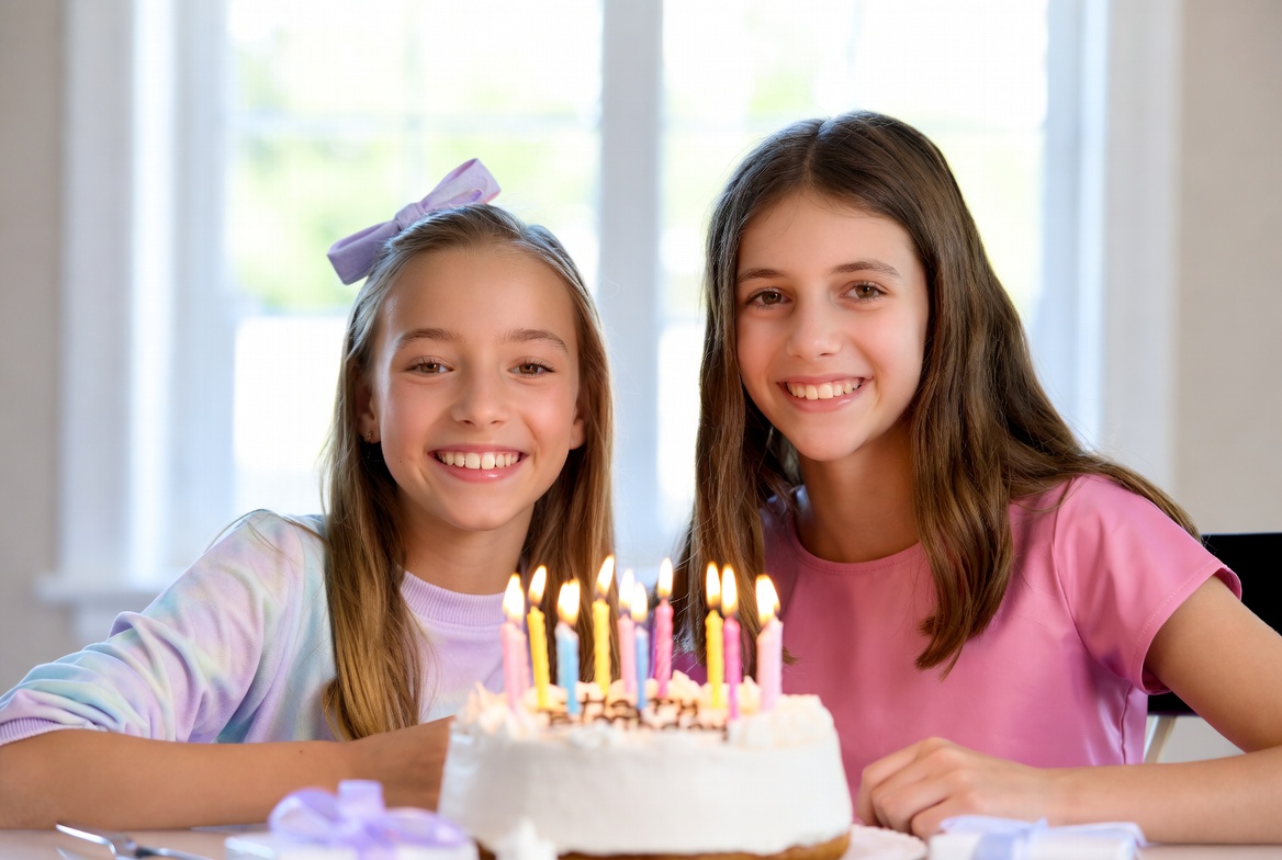 Birthday celebration with two girls smiling by a cake Birthday celebration with two girls smiling by a cake