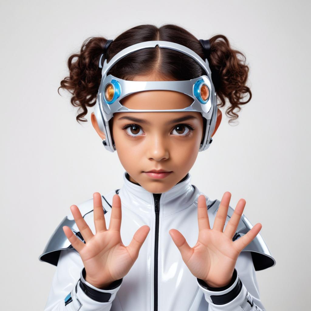 Young girl in futuristic outfit poses with hands raised Young girl in futuristic outfit poses with hands raised