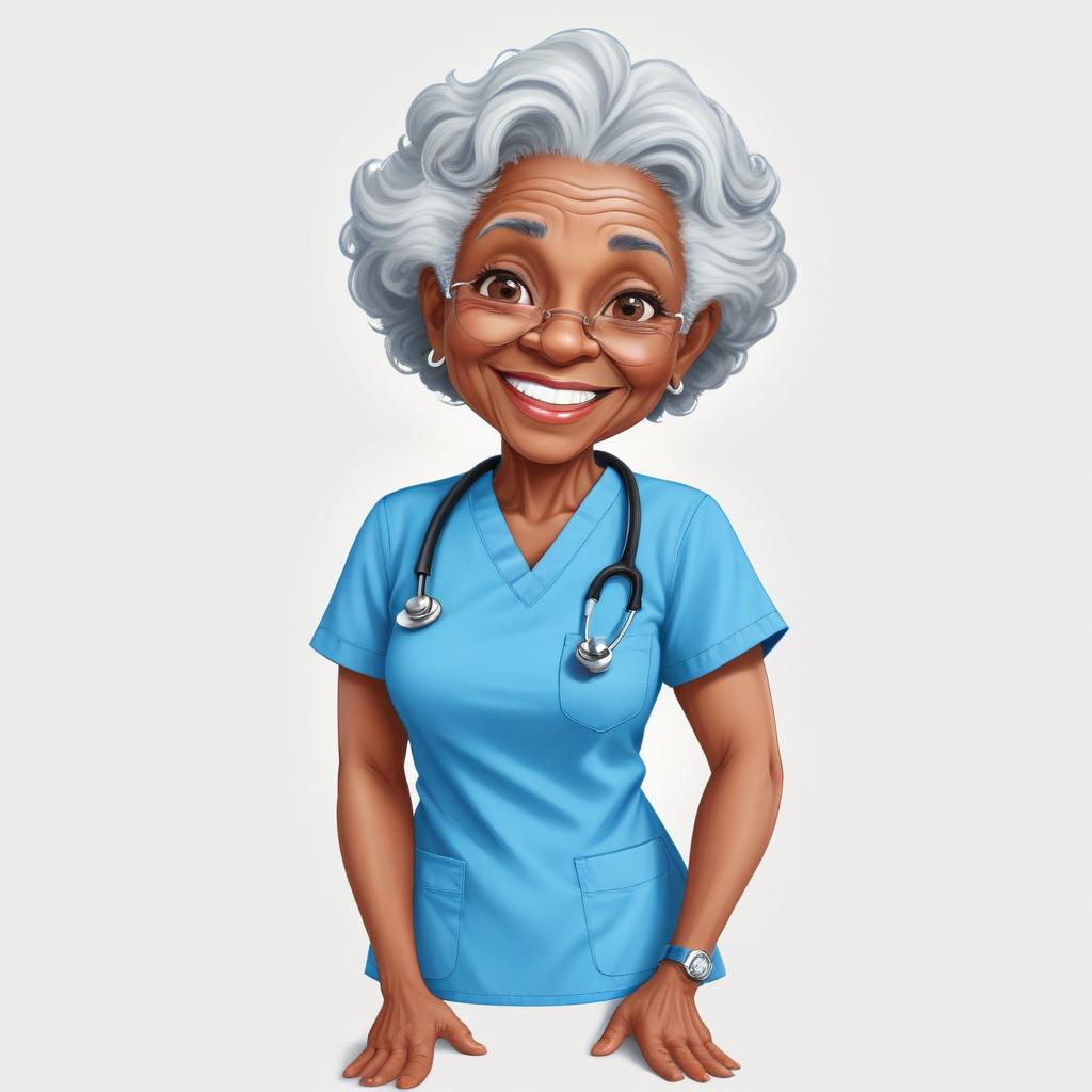 Older nurse smiling in blue scrubs with stethoscope Older nurse smiling in blue scrubs with stethoscope