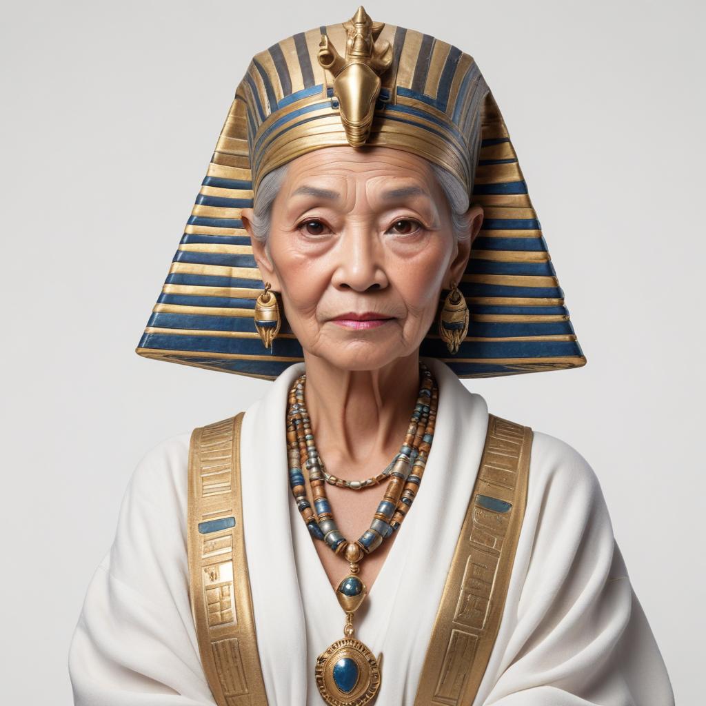 Elderly woman dressed as egyptian queen in modern setting Elderly woman dressed as egyptian queen in modern setting