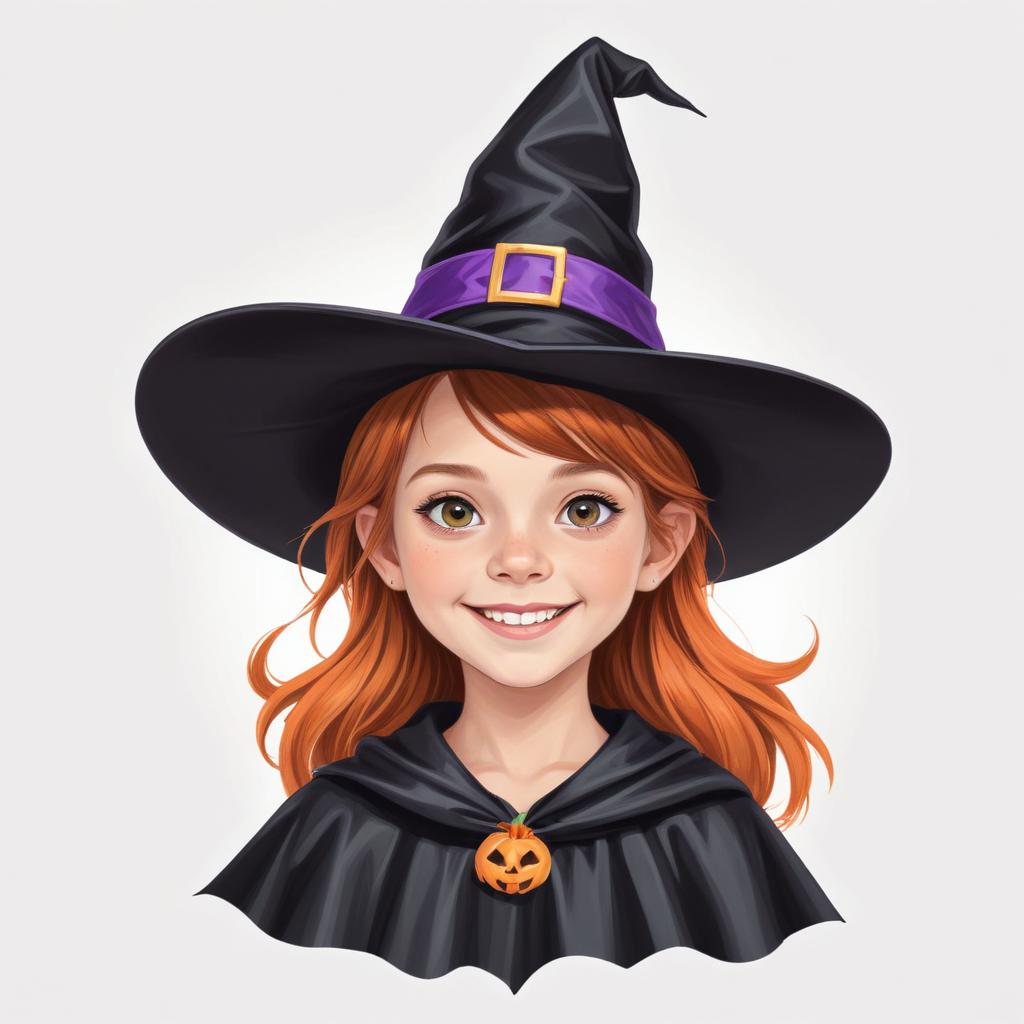 Young witch smiling with orange hair and black hat Young witch smiling with orange hair and black hat
