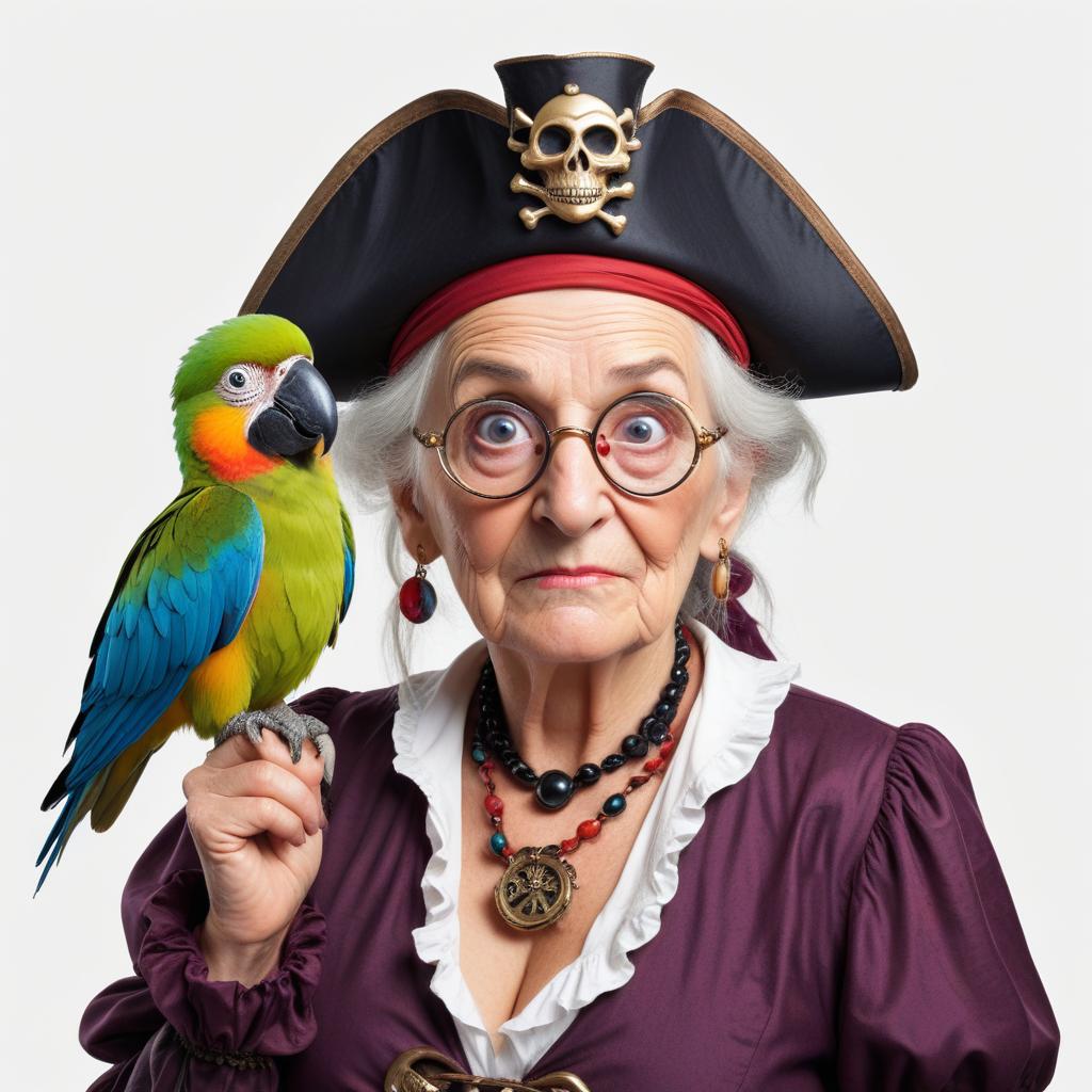 Elderly woman dressed as a pirate with a parrot Elderly woman dressed as a pirate with a parrot
