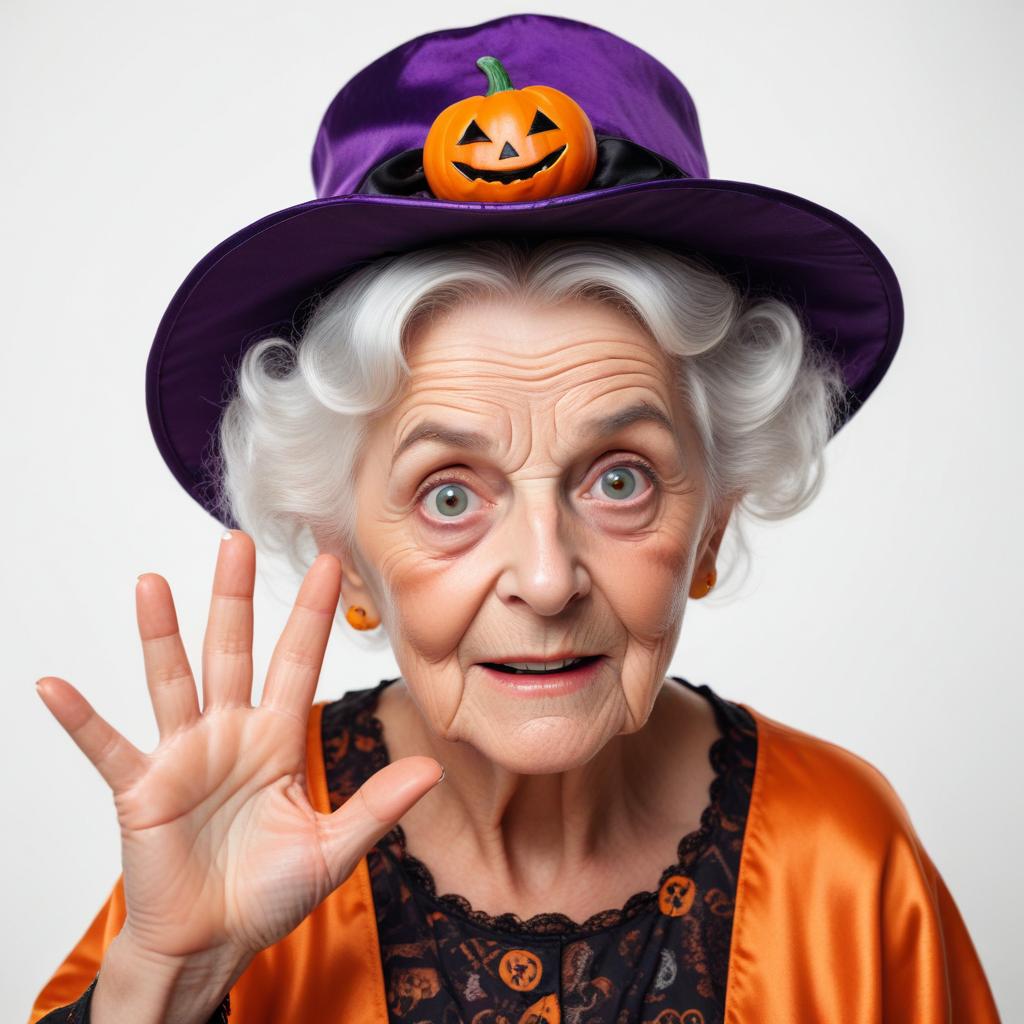 Elderly woman in halloween costume waving with a smile Elderly woman in halloween costume waving with a smile