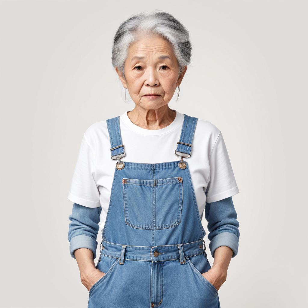 Elderly woman in denim overalls with a thoughtful expression Elderly woman in denim overalls with a thoughtful expression
