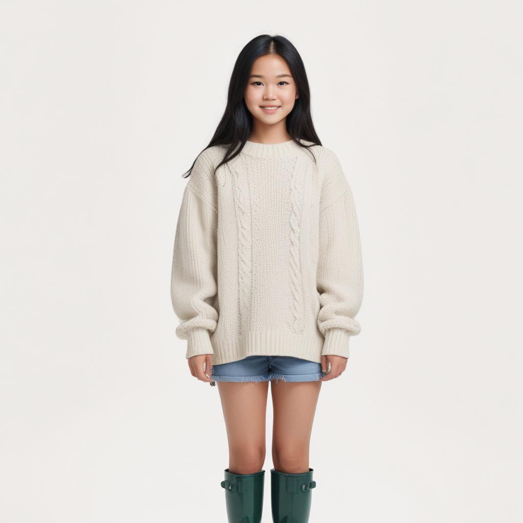 Smiling child in cozy sweater and boots on light background Smiling child in cozy sweater and boots on light background