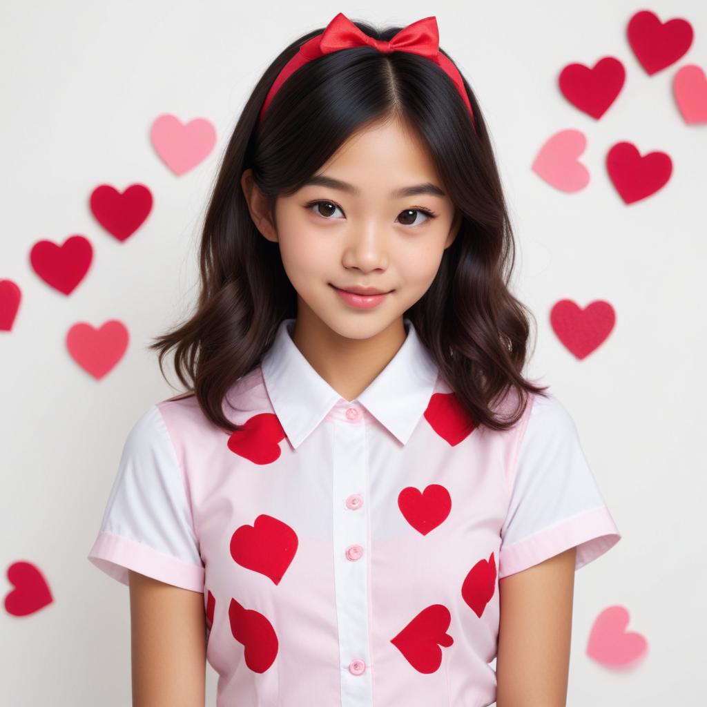 Young girl smiling with heart decorations in background Young girl smiling with heart decorations in background