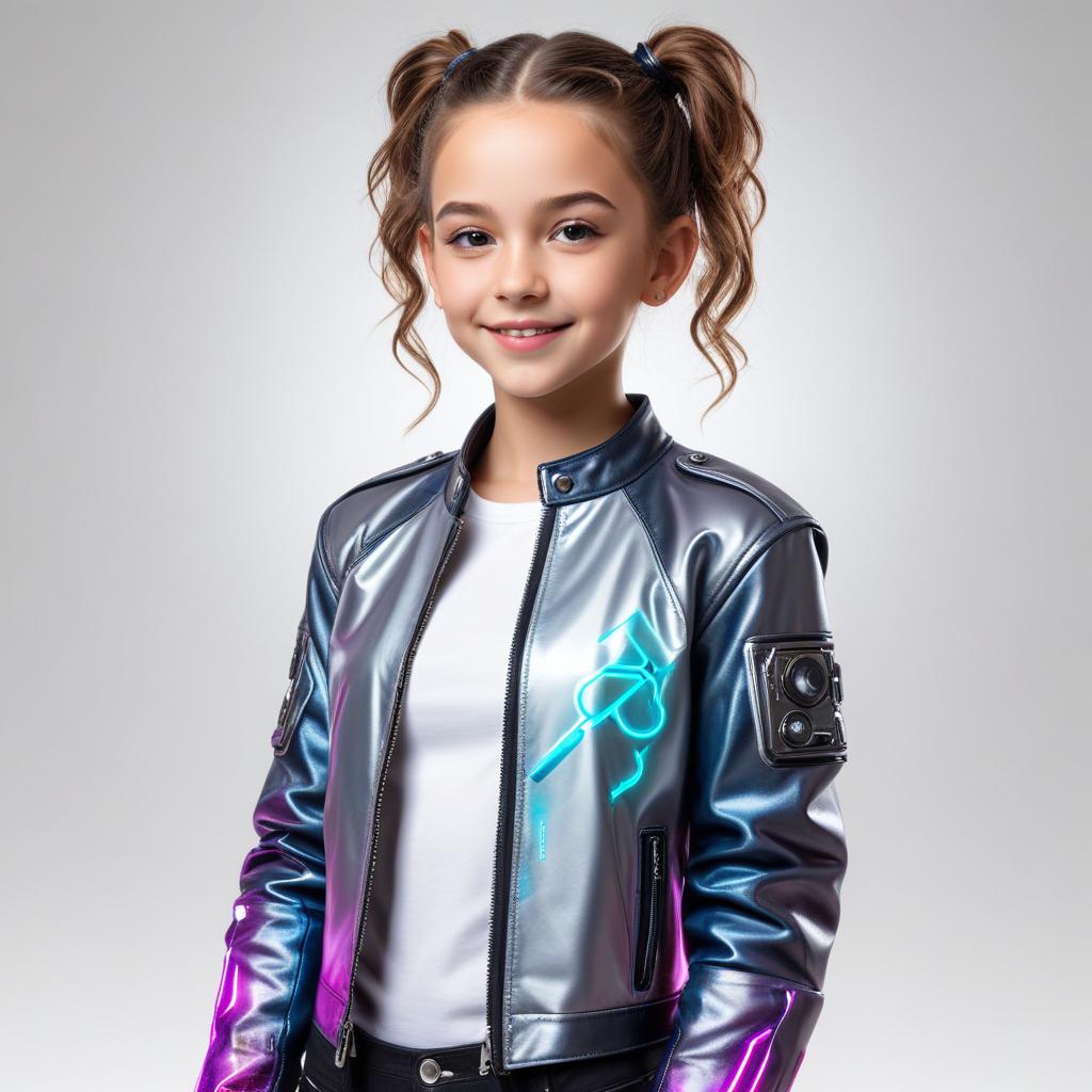 Girl in silver jacket with neon accents poses confidently Girl in silver jacket with neon accents poses confidently