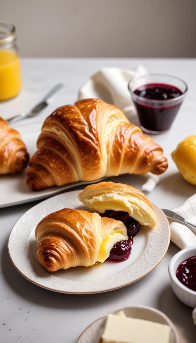 Freshly baked croissants with jam and butter for breakfast Freshly baked croissants with jam and butter for breakfast