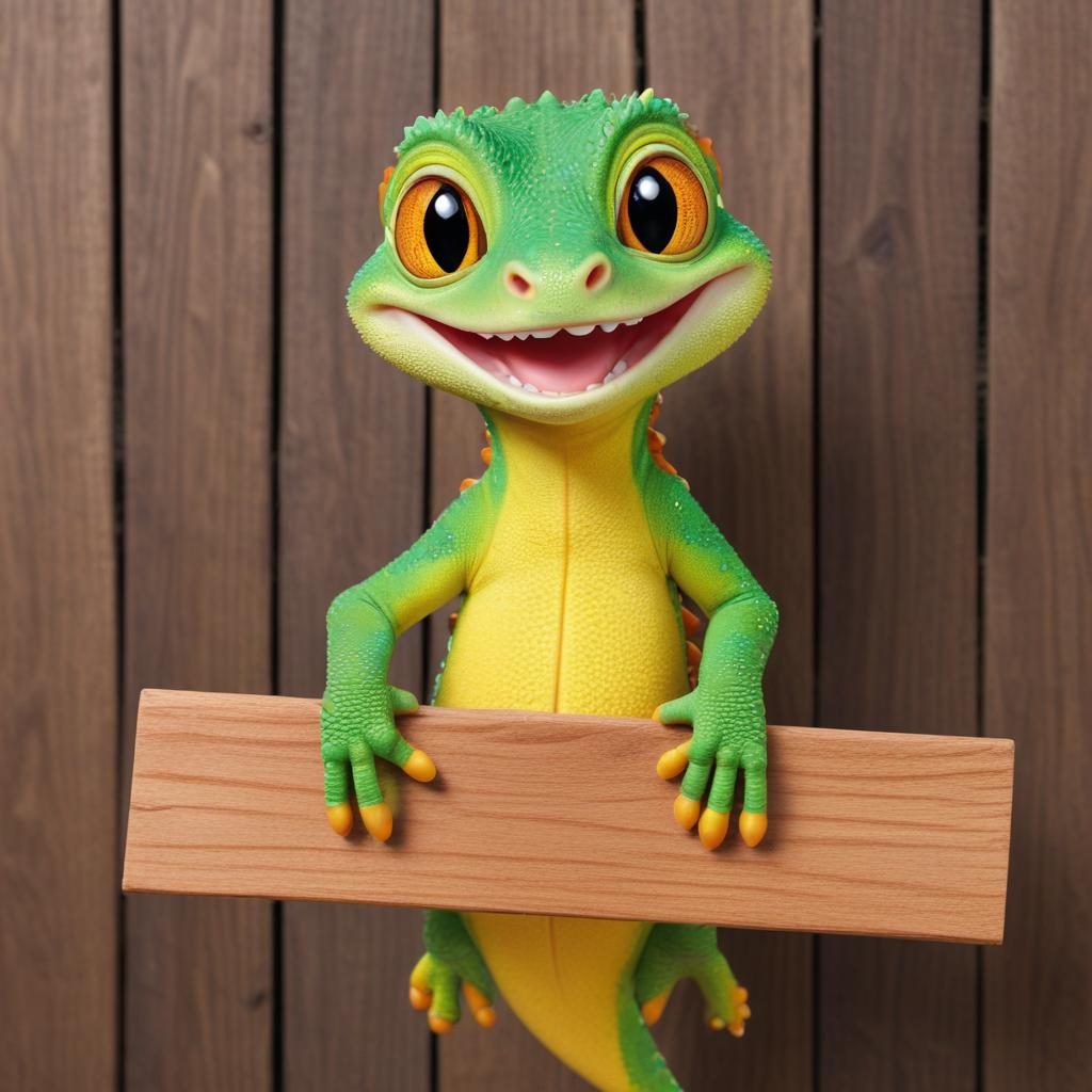 Bright green gecko character poses with wooden sign Bright green gecko character poses with wooden sign