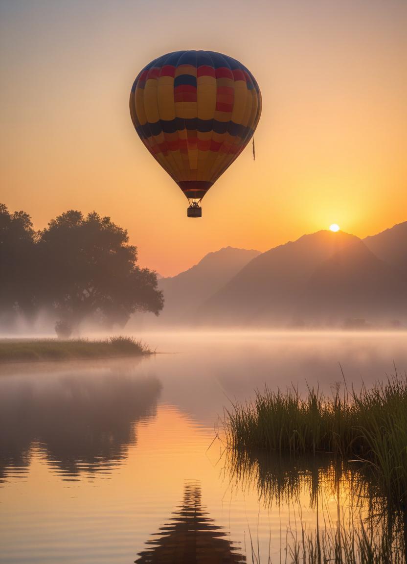 Hot air balloon rises over lake at sunrise Hot air balloon rises over lake at sunrise