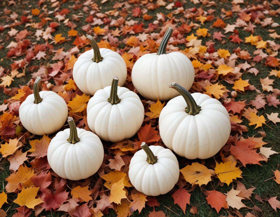 White pumpkins on fallen autumn leaves in a garden White pumpkins on fallen autumn leaves in a garden
