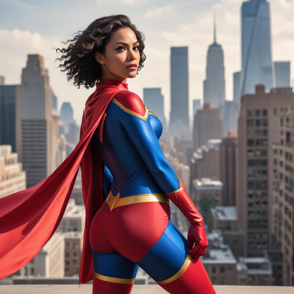 Superhero poses on rooftop with city skyline backdrop Superhero poses on rooftop with city skyline backdrop