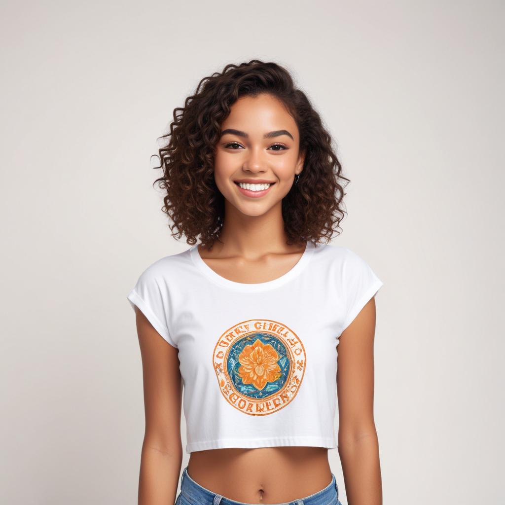 Smiling woman in stylish crop top with design Smiling woman in stylish crop top with design