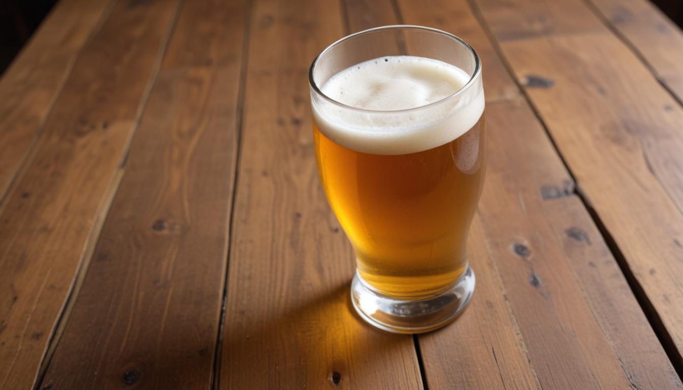 Golden beer sits on a wooden table in a cozy setting Golden beer sits on a wooden table in a cozy setting