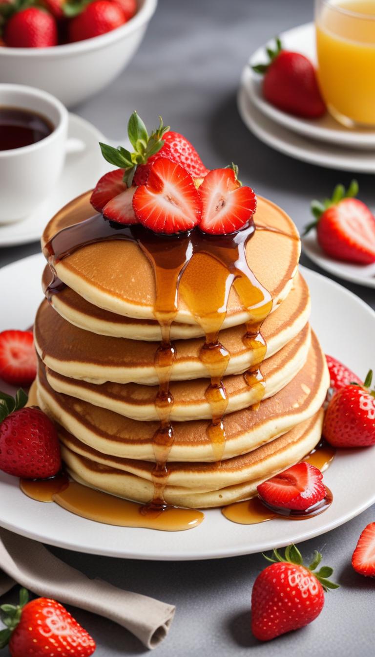 Fluffy pancakes with strawberries and syrup stacked high Fluffy pancakes with strawberries and syrup stacked high