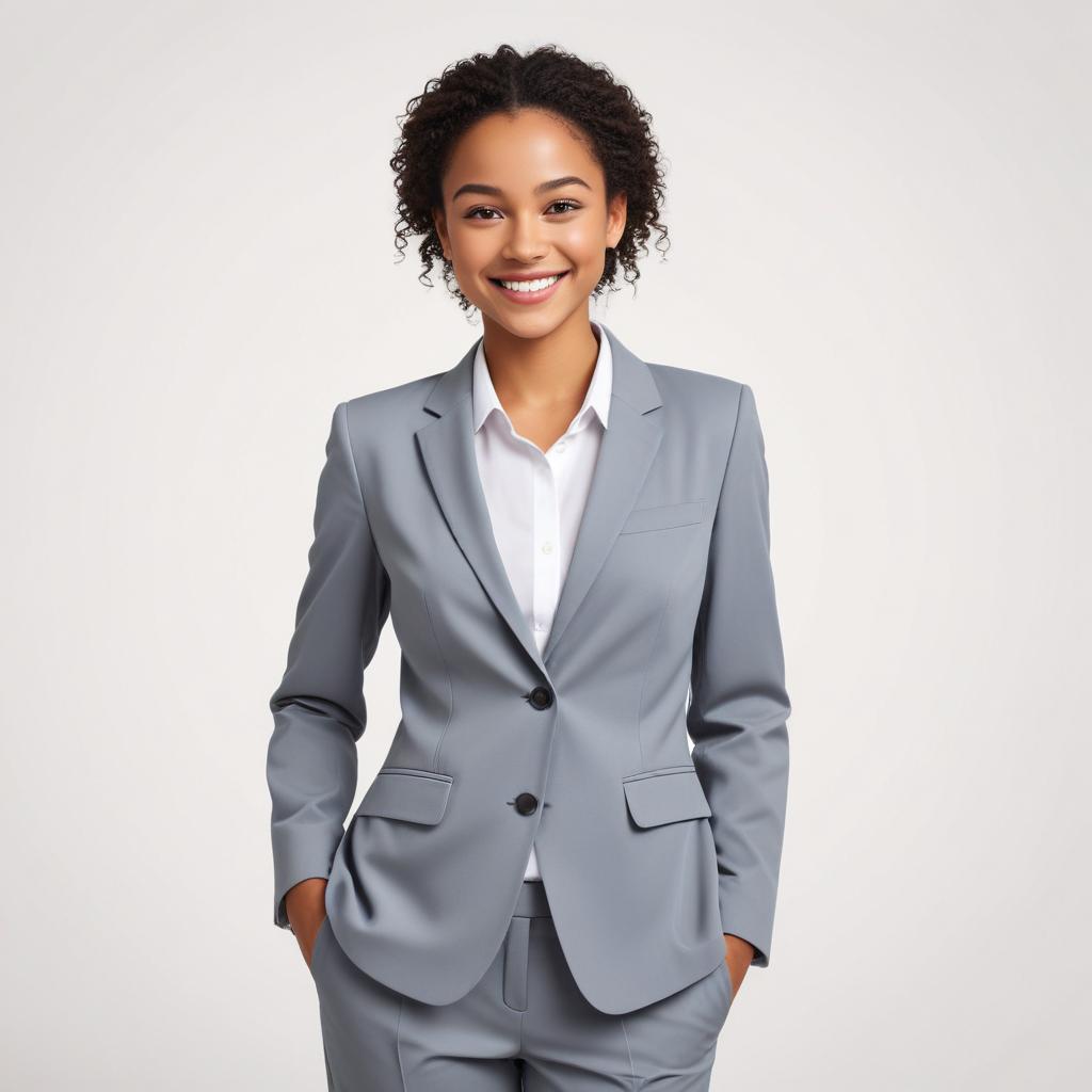 Professional woman in gray suit smiling confidently Professional woman in gray suit smiling confidently