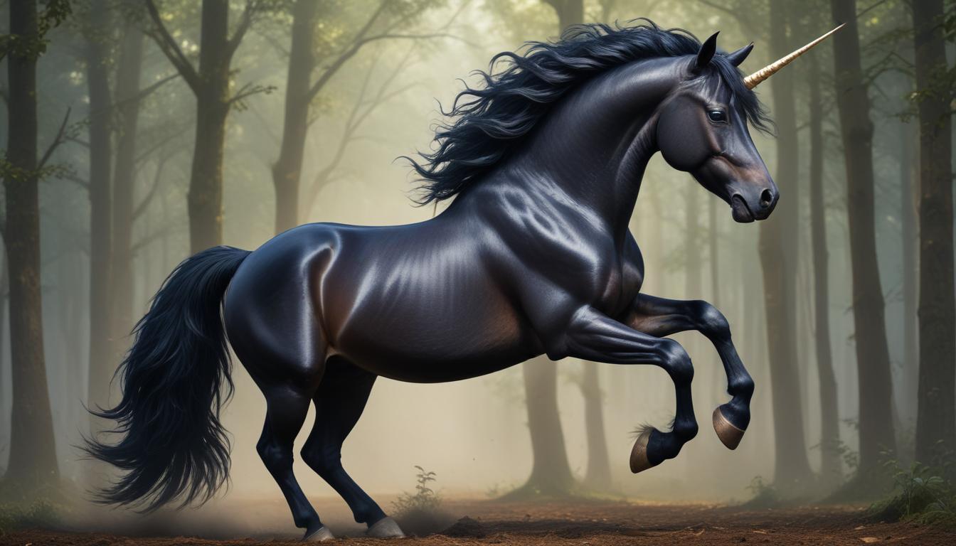 Majestic black unicorn in a misty forest setting Majestic black unicorn in a misty forest setting