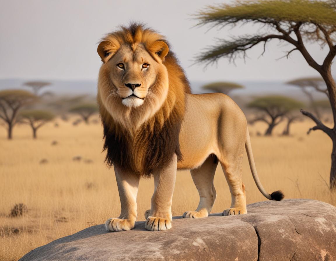 Majestic lion standing on a rock in the savannah Majestic lion standing on a rock in the savannah