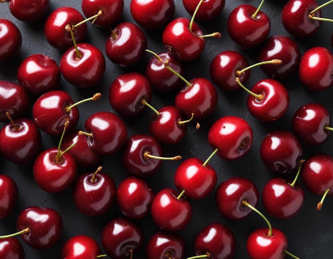 Vibrant red cherries arranged on a dark surface Vibrant red cherries arranged on a dark surface