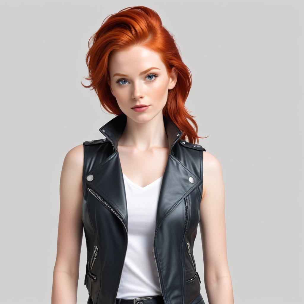 Confident redhead in leather vest poses for camera Confident redhead in leather vest poses for camera