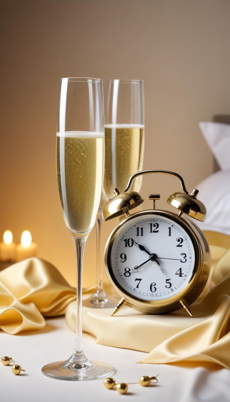Champagne glasses and clock set for celebration at night Champagne glasses and clock set for celebration at night