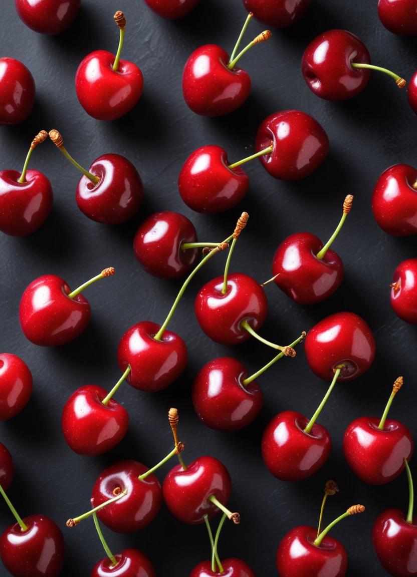 Bright red cherries arranged on a dark surface Bright red cherries arranged on a dark surface