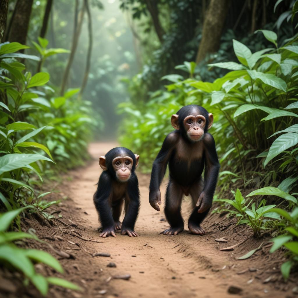 Monkeys walking through a lush jungle trail in the morning Monkeys walking through a lush jungle trail in the morning