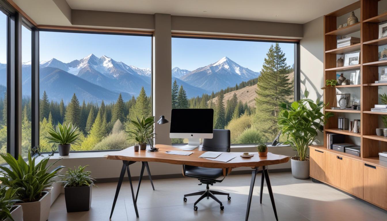 Modern workspace with mountain view and greenery Modern workspace with mountain view and greenery