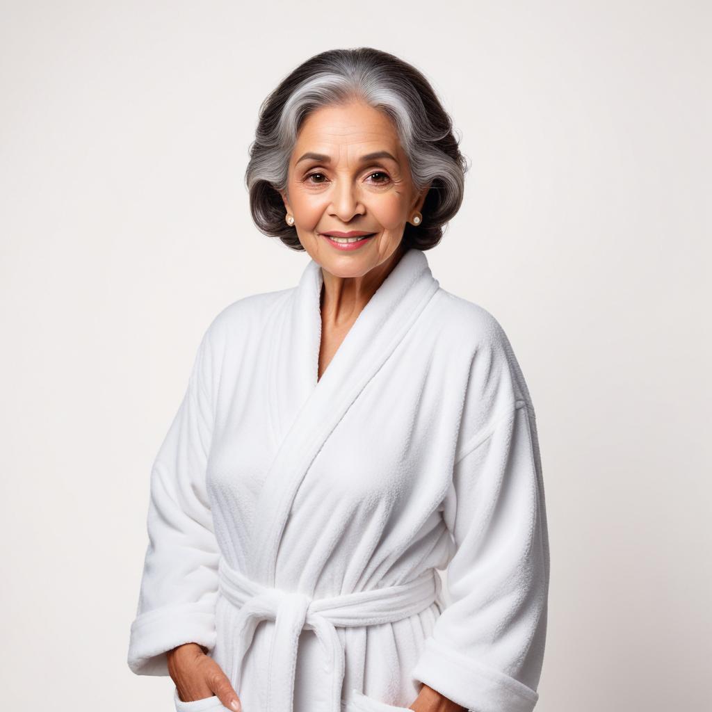 Elegant older woman in a white robe smiling softly Elegant older woman in a white robe smiling softly