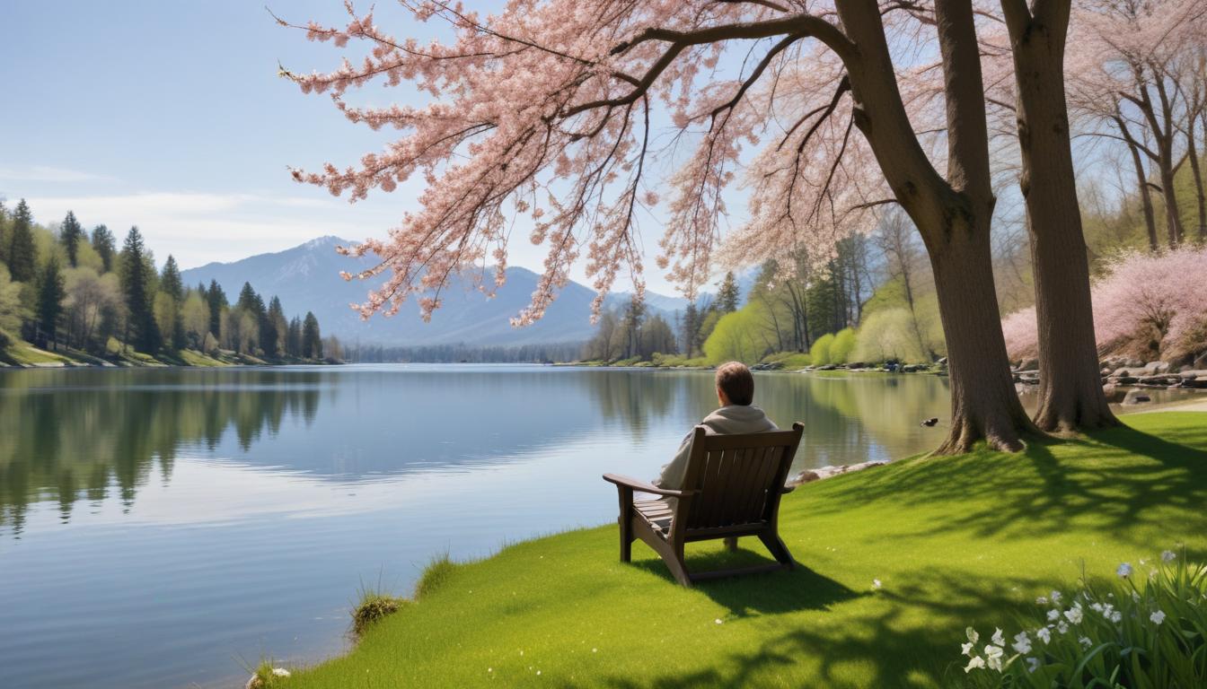 Relaxing by the serene lake under blooming trees Relaxing by the serene lake under blooming trees