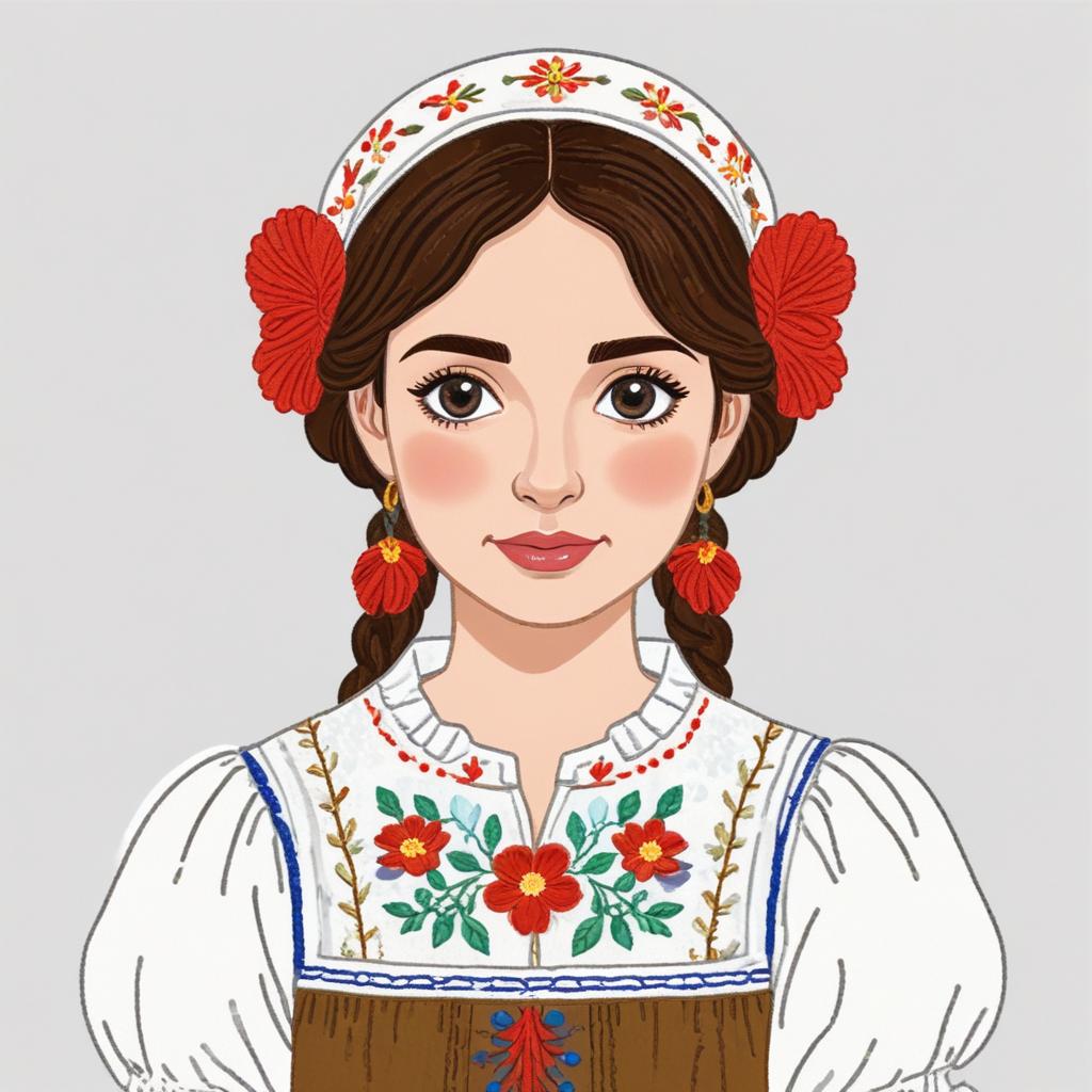 Young woman in traditional dress with floral details Young woman in traditional dress with floral details