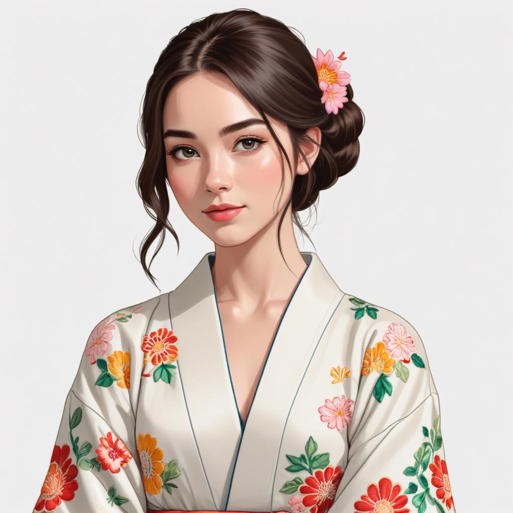 Young woman wearing a floral kimono with a serene expression Young woman wearing a floral kimono with a serene expression