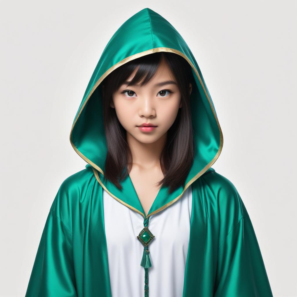 Young person in green hooded robe with serious expression Young person in green hooded robe with serious expression