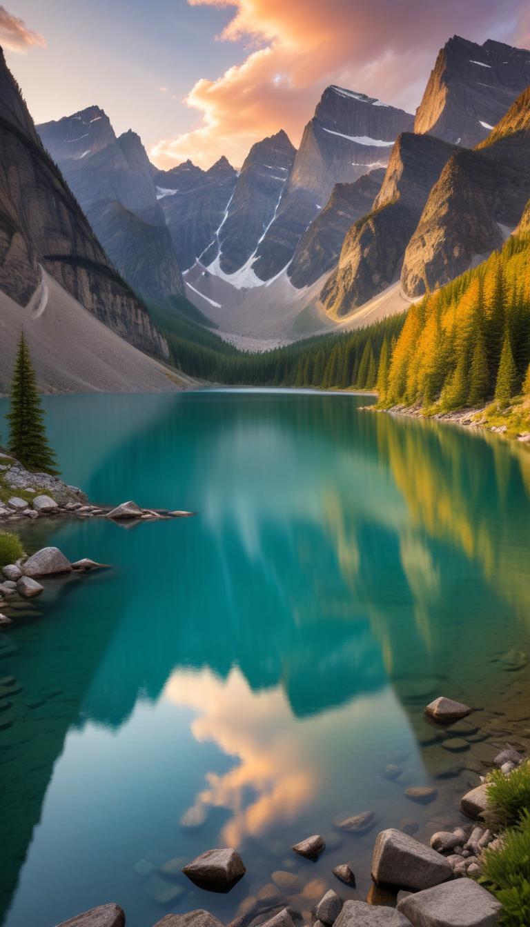 Stunning mountain lake reflecting vibrant sunset colors Stunning mountain lake reflecting vibrant sunset colors