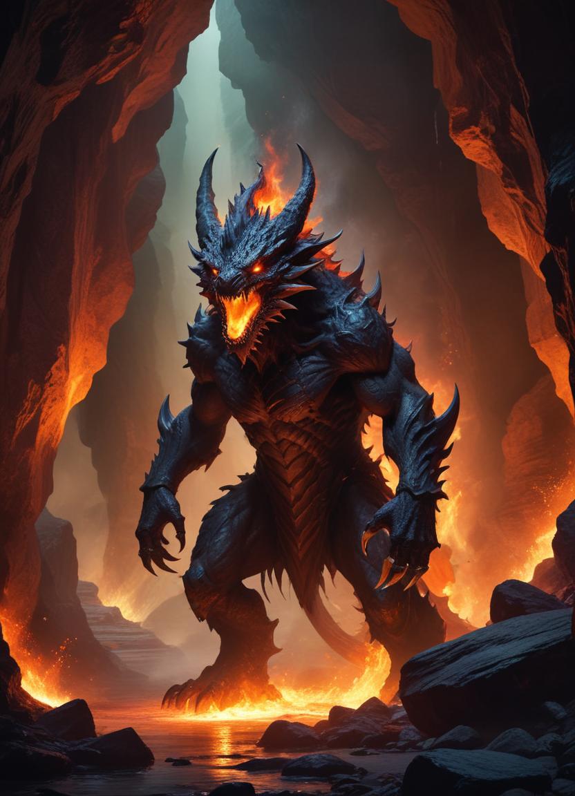 Epic fire dragon in a dark cave scene Epic fire dragon in a dark cave scene