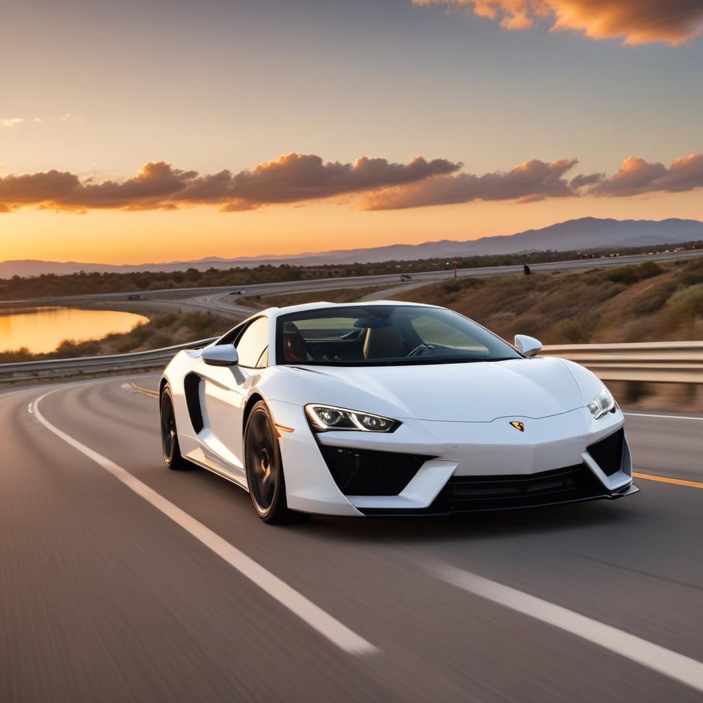 Fast car driving on a winding road at sunset Fast car driving on a winding road at sunset