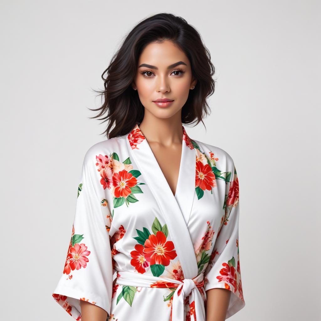 Elegant woman in floral robe poses for a styled session Elegant woman in floral robe poses for a styled session