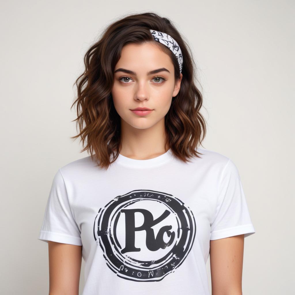 Young woman wearing stylish headband and graphic t-shirt Young woman wearing stylish headband and graphic t-shirt