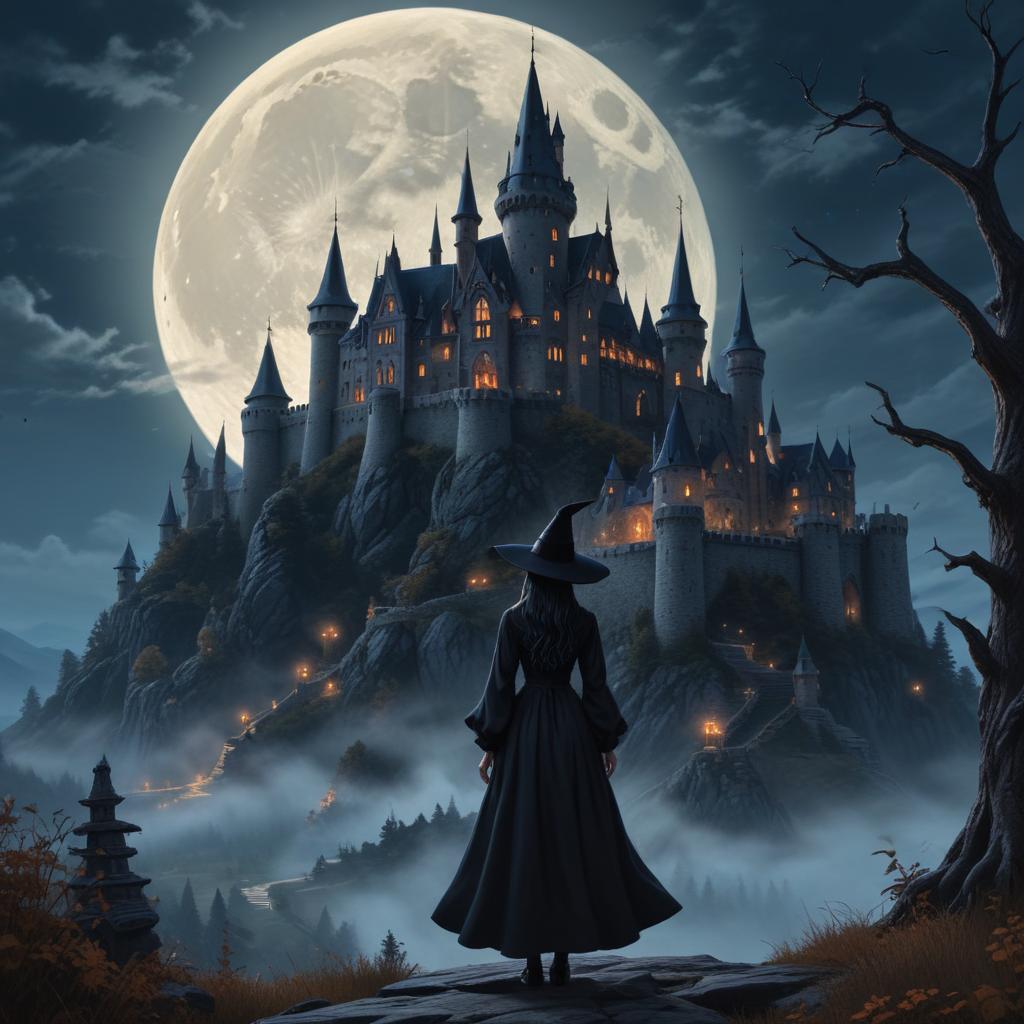 Witch overlooking a castle under a full moon at night Witch overlooking a castle under a full moon at night