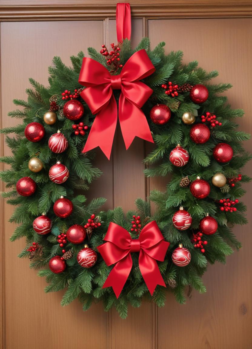 Bright red holiday wreath with bows and ornaments Bright red holiday wreath with bows and ornaments