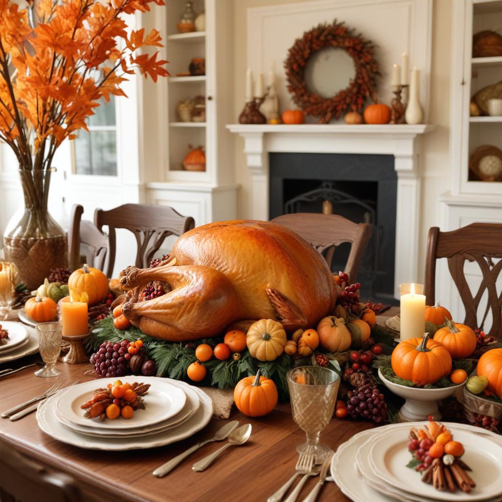 Festive thanksgiving dinner with turkey and autumn decor Festive thanksgiving dinner with turkey and autumn decor