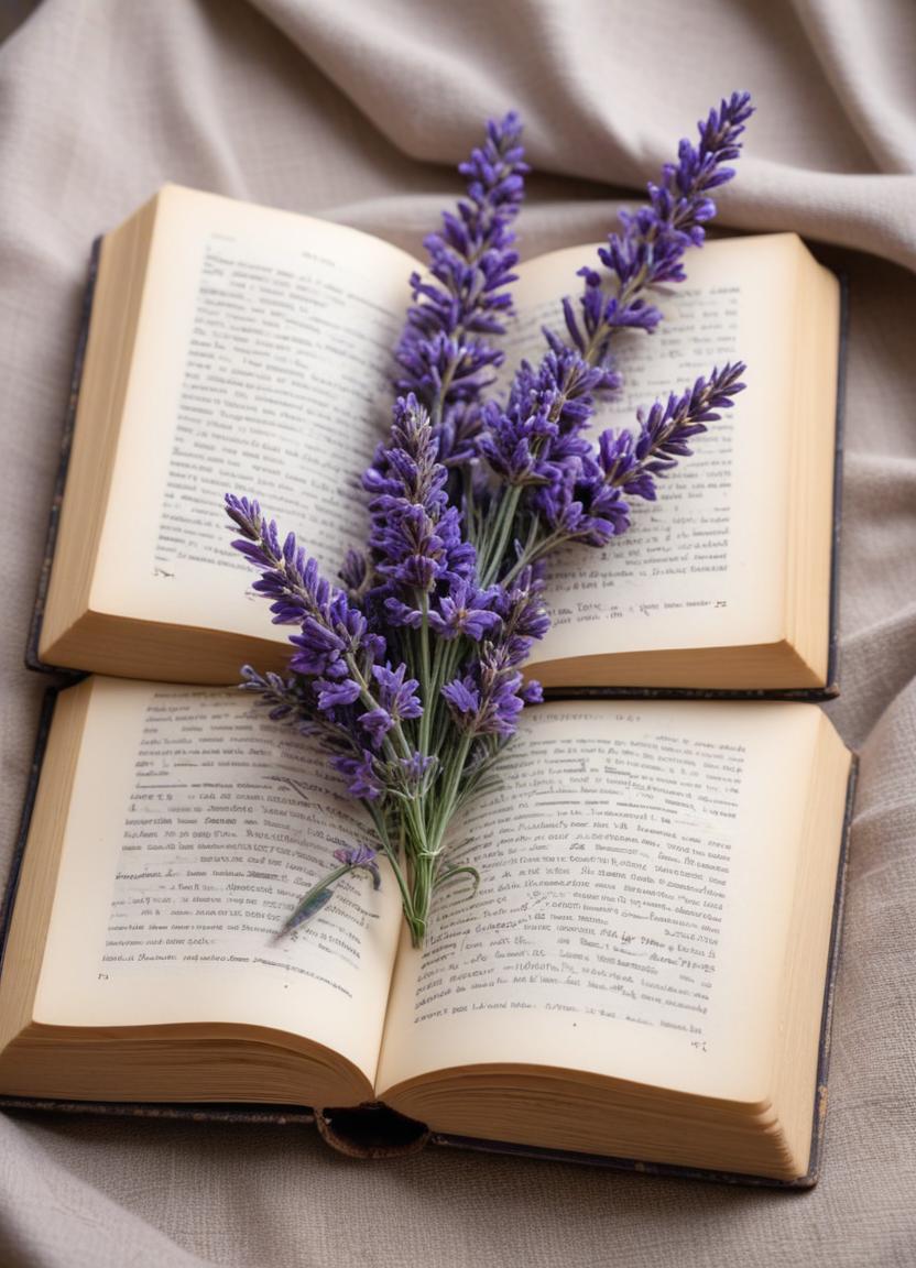 Open books with lavender flowers create a cozy scene Open books with lavender flowers create a cozy scene