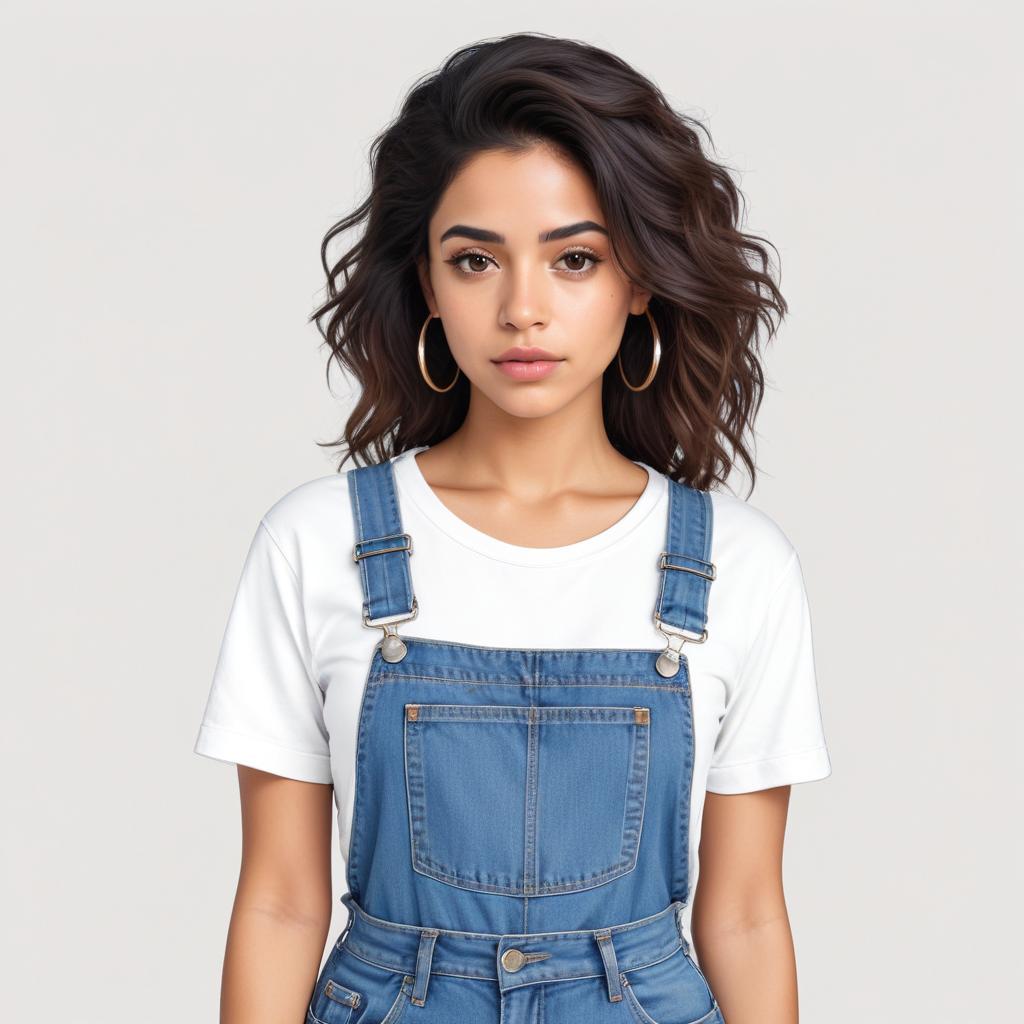 Confident young woman in denim overalls posing calmly Confident young woman in denim overalls posing calmly