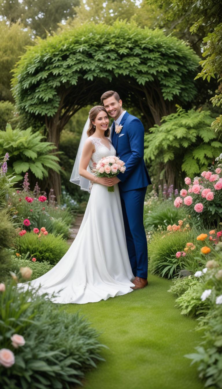 Couple pose joyfully in lush garden on wedding day Couple pose joyfully in lush garden on wedding day